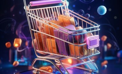 AI Generated futuristic modern online shopping by mobile device with shopping cart.
