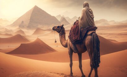 araffe riding a camel in the desert with a pyramid in the backgr