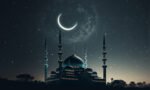 Mosque silhouette in night sky with crescent moon and star.