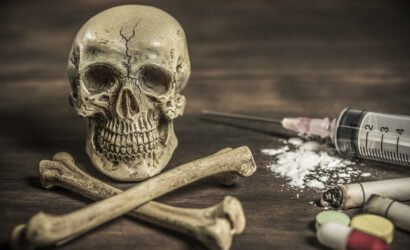 Human skull and crossbones drug addict concept