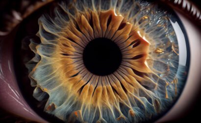 Magnified single yellow fish eye with abstract pattern generated by AI