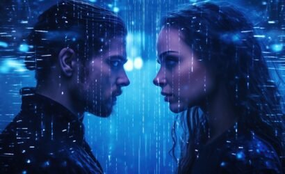 a man and woman looking at each other in the rain. Generative AI Art.