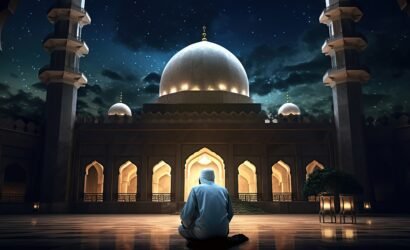 Muslim old man praying on a mosque with starry and crescent moon moon night generative ai