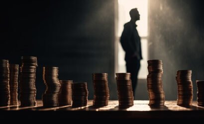 One businessman holds glowing gold coin stack generated by AI