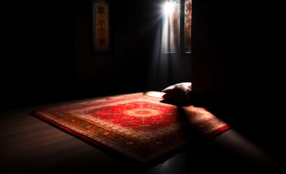 red-prayer-rug-dark-room-with-light-from-back-window