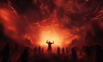 Religiously intense scene fiery sky final judgment eternal damnation fearful figures