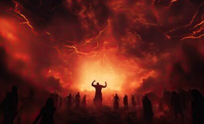 Religiously intense scene fiery sky final judgment eternal damnation fearful figures