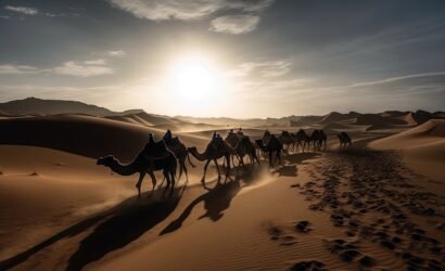 Sahara desert Silhouette of Camels caravan riding over sand dune against sunrise illustration generative ai