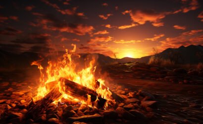 Sunset ignites the mountain range, a glowing inferno of beauty generated by AI