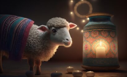 Eid Al Adha - Islamic Feast, Greeting Card, Blessed Sacrifice Feast. Ramadan and Eid greeting. Islamic celebration of the end of the Hajj, ommemoration of Ibrahim,shepherd sheep, lamb