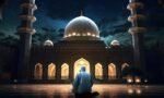 Muslim old man praying on a mosque with starry and crescent moon moon night generative ai